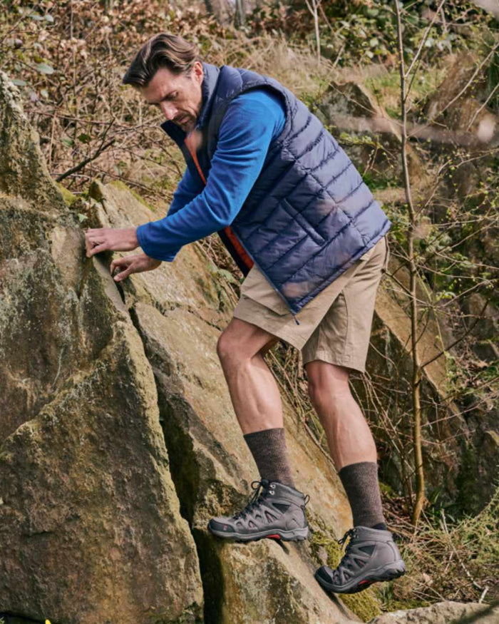 Brown coloured HJ Hall Technical Rambler Comfort Top Thermal Wool Socks on mountain background #colour_brown
