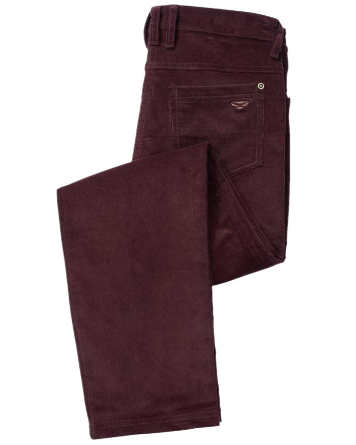 Merlot Coloured Hoggs of Fife Ceres Ladies Stretch Cord Jeans on white background #colour_merlot