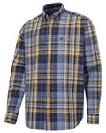 Navy Gold Check coloured Hoggs of Fife Crail Lightweight Check Shirt on white background #colour_navy-gold-check