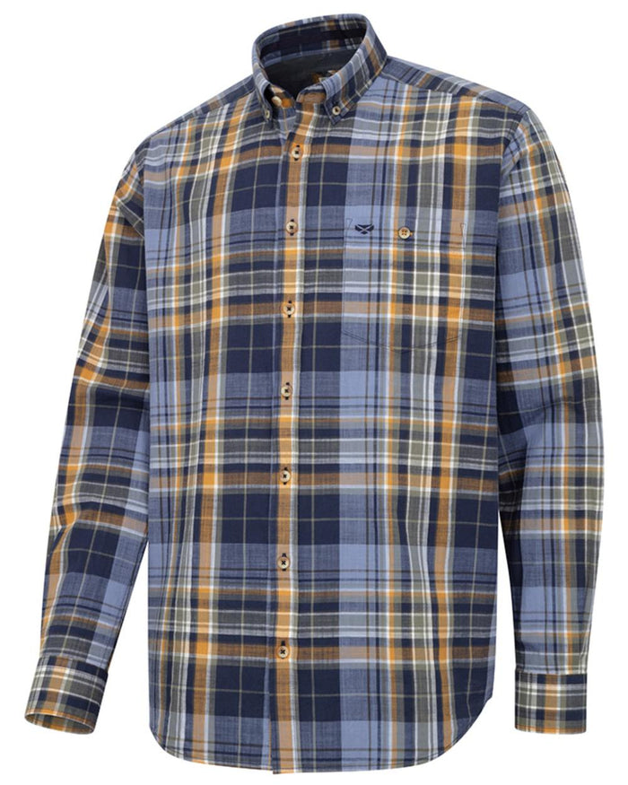 Navy Gold Check coloured Hoggs of Fife Crail Lightweight Check Shirt on white background #colour_navy-gold-check