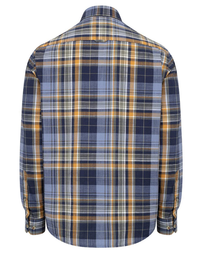 Navy Gold Check coloured Hoggs of Fife Crail Lightweight Check Shirt on white background #colour_navy-gold-check