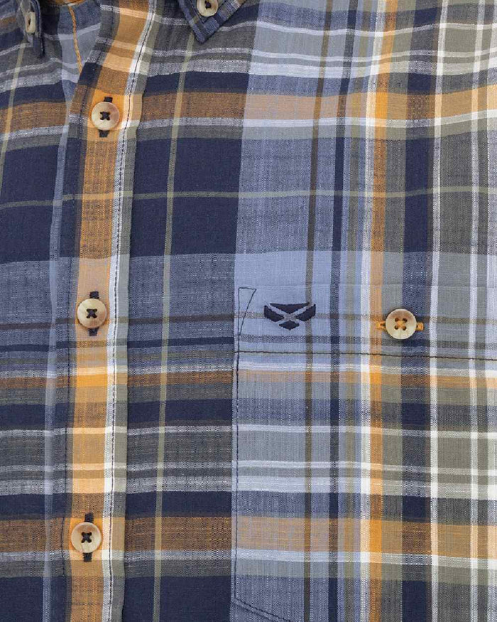 Navy Gold Check coloured Hoggs of Fife Crail Lightweight Check Shirt on white background #colour_navy-gold-check