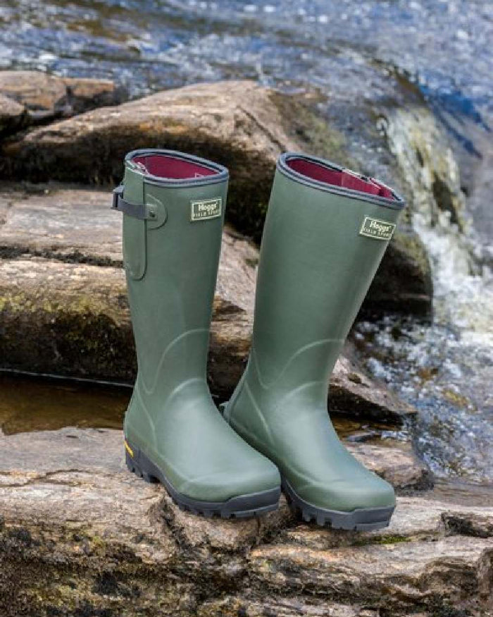 Field Green Coloured Hoggs of Fife Field Sport Neoprene Lined Wellingtons on waterfall background #colour_field-green