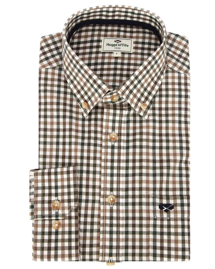 Brown Green Coloured Hoggs of Fife Garvock Cotton Twill Herringbone Check Shirt on white background #colour_brown-green