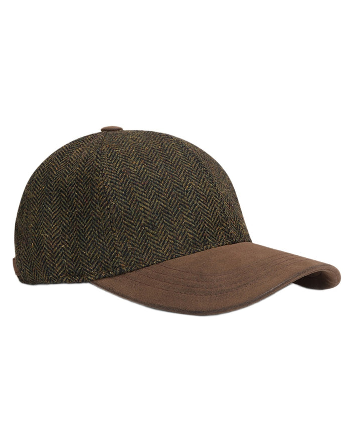 Green coloured Hoggs of Fife Herringbone Tweed Baseball Cap on white background #colour_green