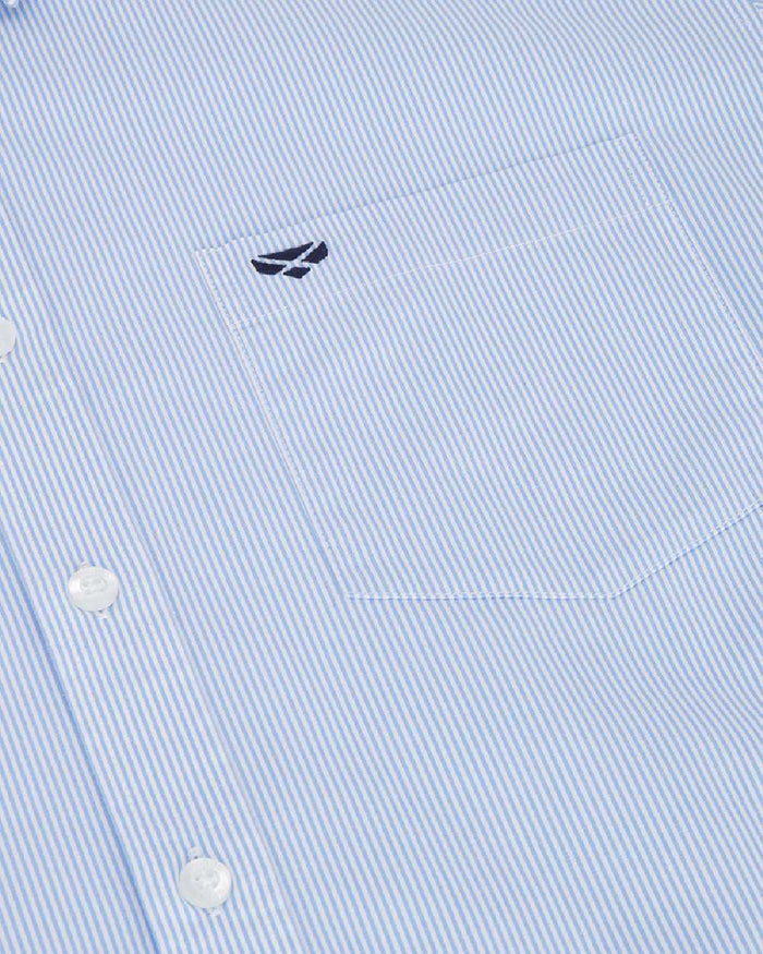 Blue White Coloured Hoggs of Fife Mens Ingliston Stretch Stripe Shirt on white background #colour_blue-white
