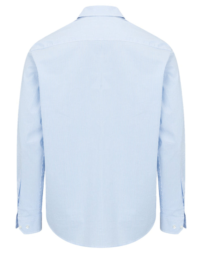 Blue White Coloured Hoggs of Fife Mens Ingliston Stretch Stripe Shirt on white background #colour_blue-white
