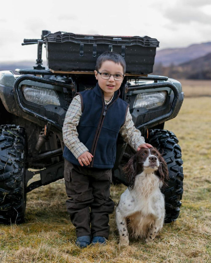 Ivory Tattersall Coloured Hoggs of Fife Junior Ambassador Tattersall Shirt on tractor background #colour_ivory-tattersall