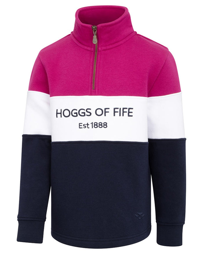 Berry White Navy coloured Hoggs of Fife Junior Dumfries 1888 Quarter Zip Top on white background #colour_berry-white-navy