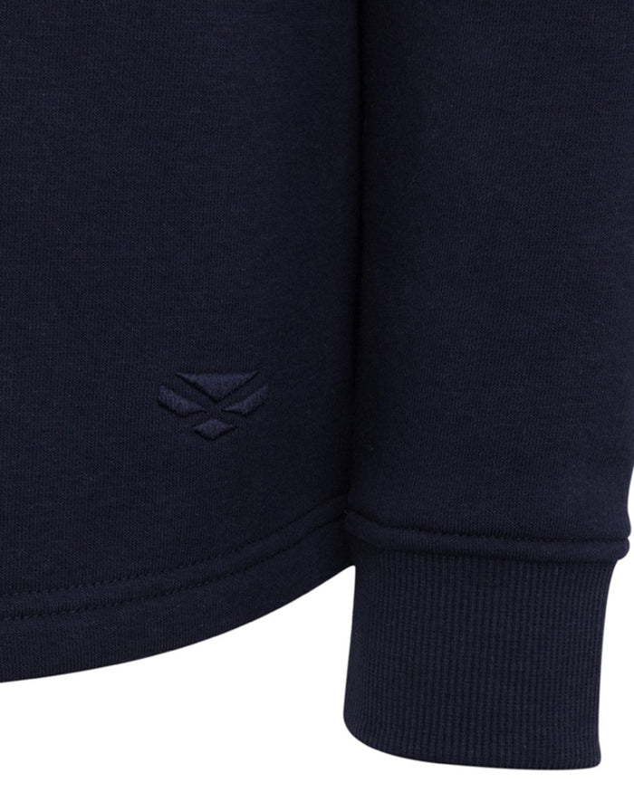 Berry White Navy coloured Hoggs of Fife Junior Dumfries 1888 Quarter Zip Top on white background #colour_berry-white-navy
