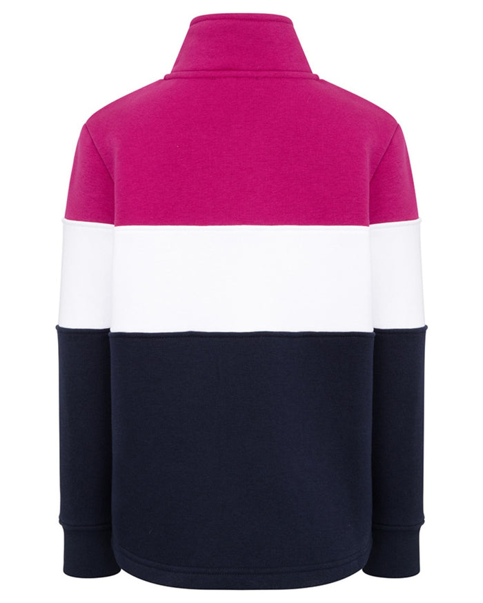 Berry White Navy coloured Hoggs of Fife Junior Dumfries 1888 Quarter Zip Top on white background #colour_berry-white-navy