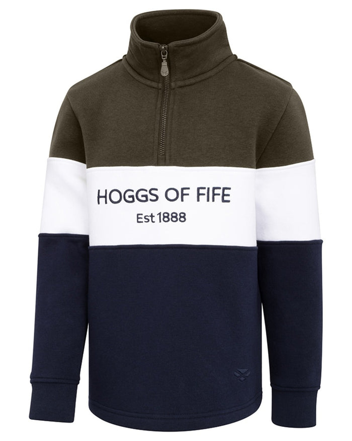 Forest White Navy coloured Hoggs of Fife Junior Dumfries 1888 Quarter Zip Top on white background #colour_forest-white-navy