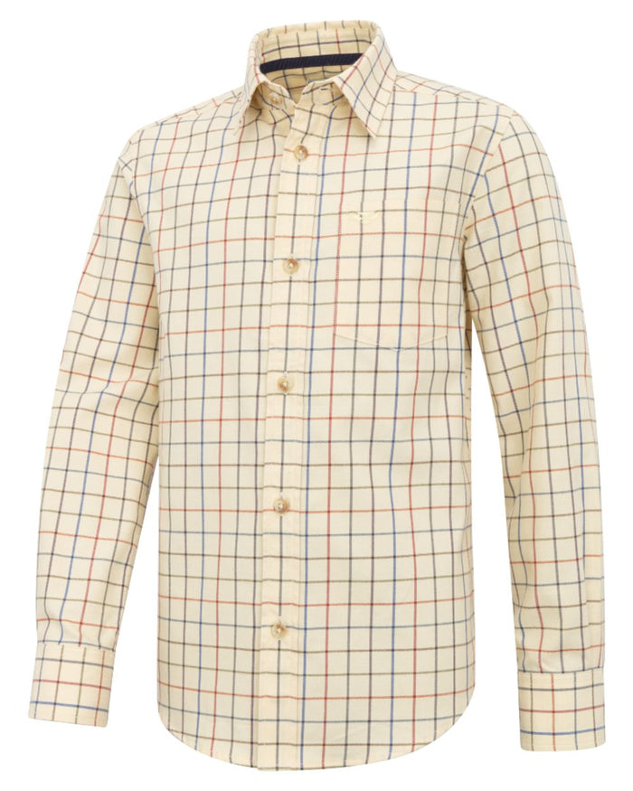 Barley coloured Hoggs of Fife Junior Laird Premier Tattersall Shirt on white background #colour_barley