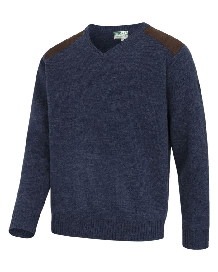 Storm Blue coloured Hoggs of Fife Melrose II V Neck Pullover on white background #colour_storm-blue