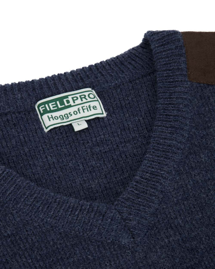 Storm Blue coloured Hoggs of Fife Melrose II V Neck Pullover on white background #colour_storm-blue