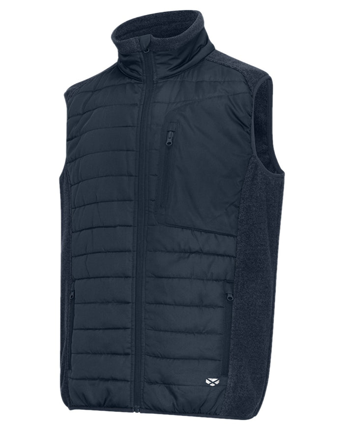 Midnight Navy Marl Coloured Hoggs of Fife Mens Melville Hybrid Gilet on white background #colour_midnight-navy-marl