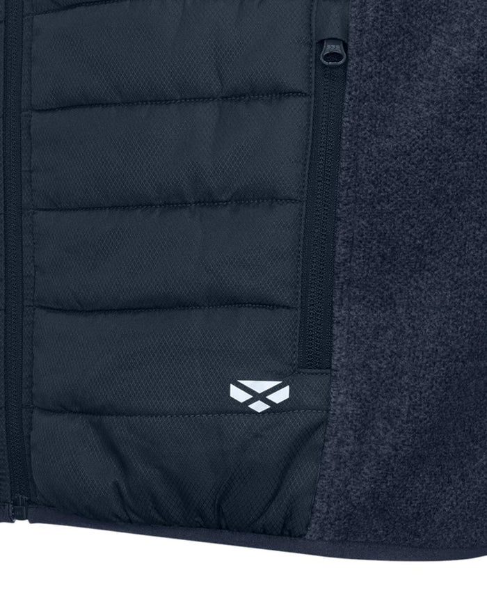 Midnight Navy Marl Coloured Hoggs of Fife Mens Melville Hybrid Gilet on white background #colour_midnight-navy-marl