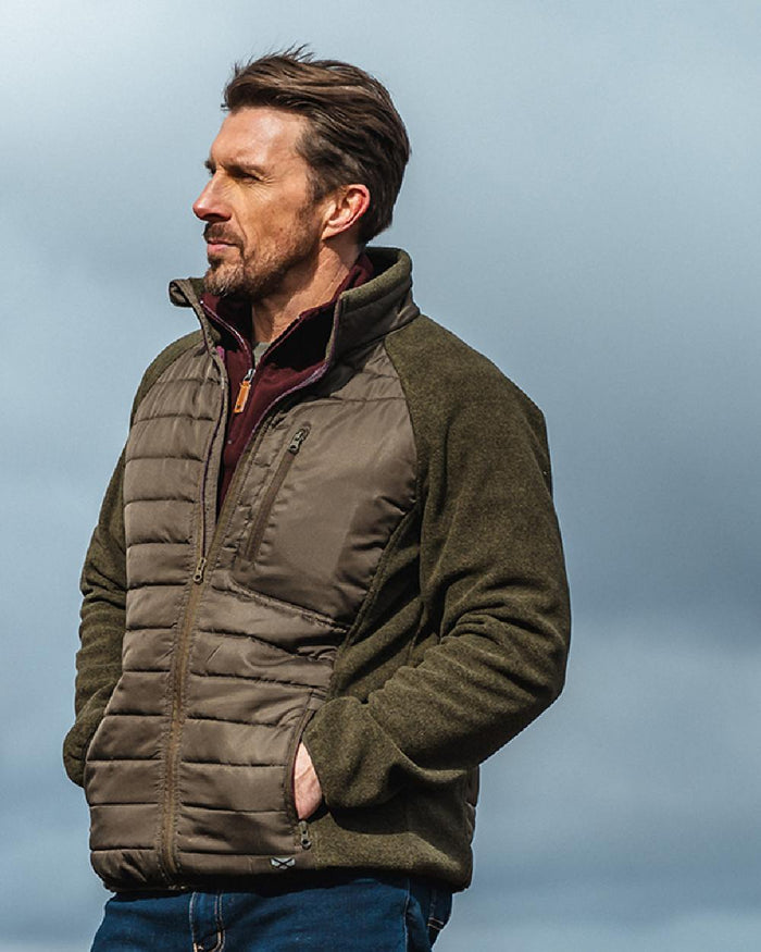 Dark Forest Marl Coloured Hoggs of Fife Mens Melville Hybrid Jacket on sky background #colour_dark-forest-marl