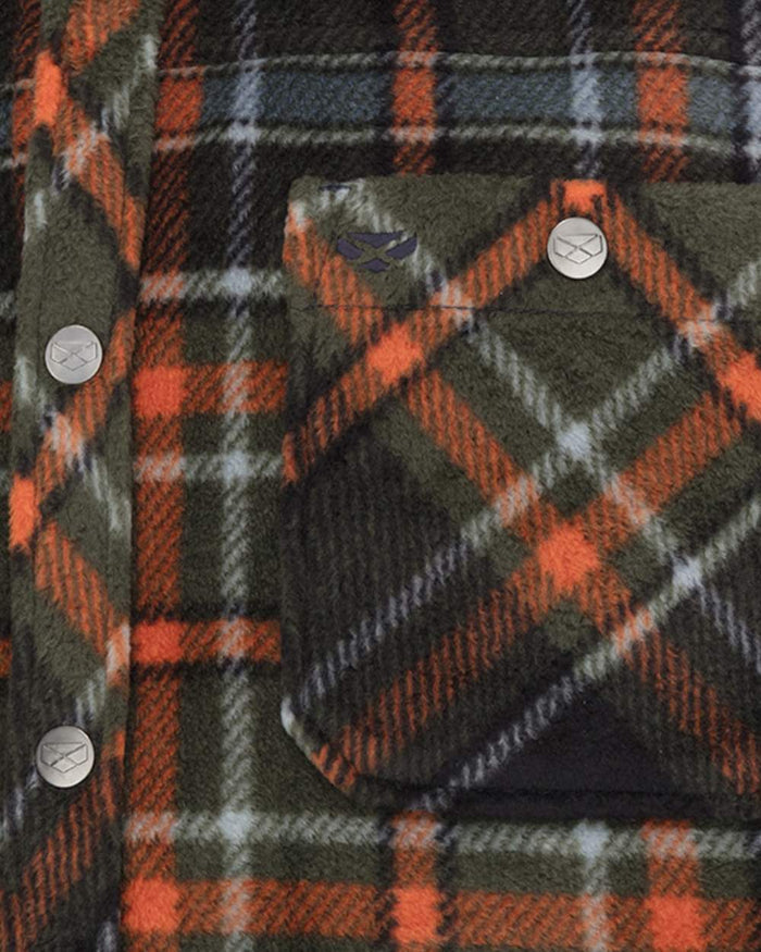 Green Rust coloured Hoggs of Fife Mens Balbeggie Fleece Shacket on white background #colour_green-rust