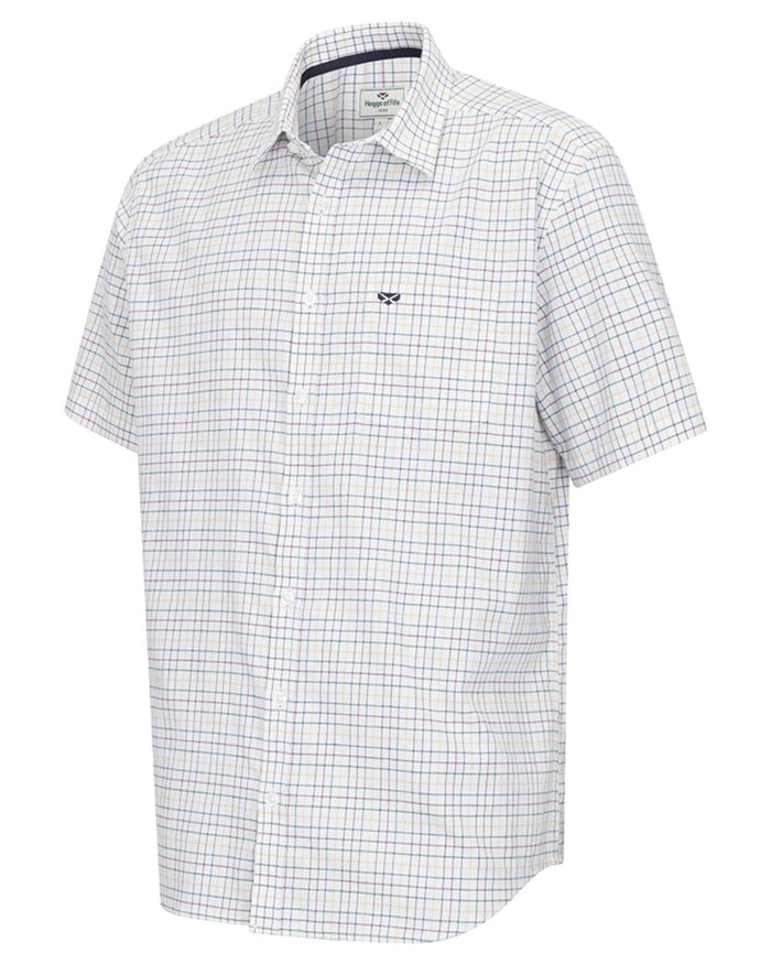 Green Gold Coloured Hoggs of Fife Mens Callum Short Sleeve Tattersall Shirt on white background #colour_green-gold