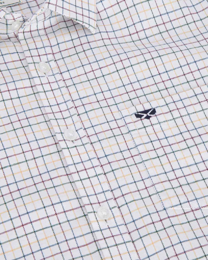 Green Gold Coloured Hoggs of Fife Mens Callum Short Sleeve Tattersall Shirt on white background #colour_green-gold