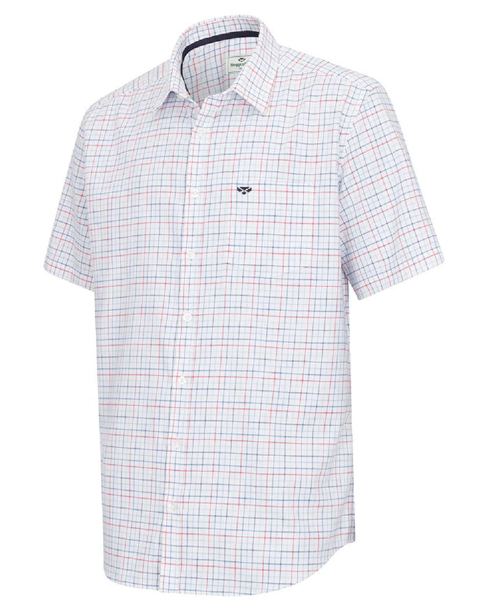 Red Sky Coloured Hoggs of Fife Mens Callum Short Sleeve Tattersall Shirt on white background #colour_red-sky