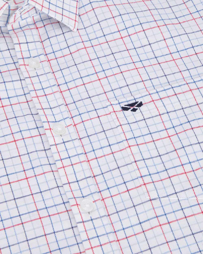 Red Sky Coloured Hoggs of Fife Mens Callum Short Sleeve Tattersall Shirt on white background #colour_red-sky