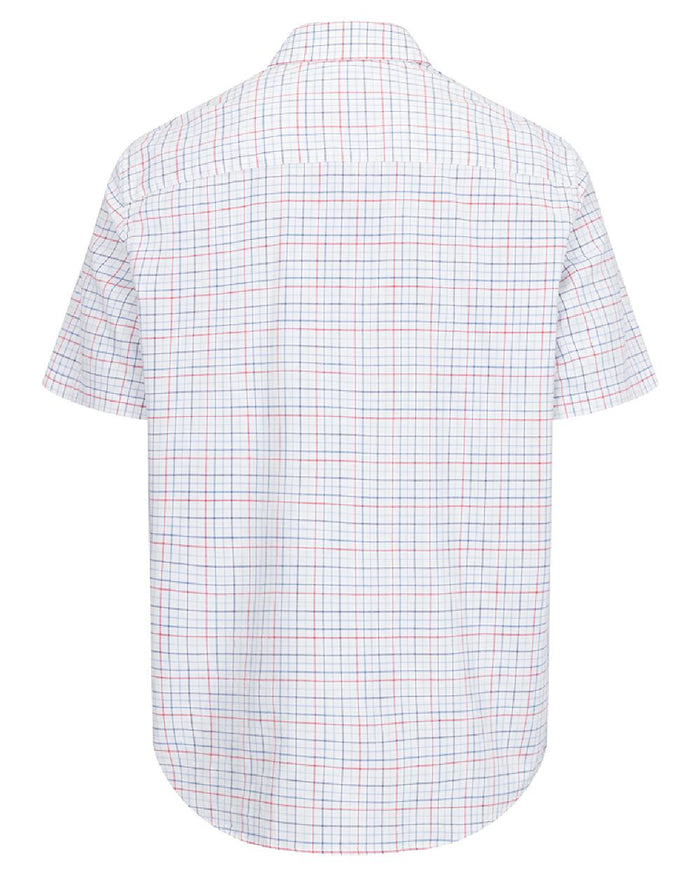 Red Sky Coloured Hoggs of Fife Mens Callum Short Sleeve Tattersall Shirt on white background #colour_red-sky