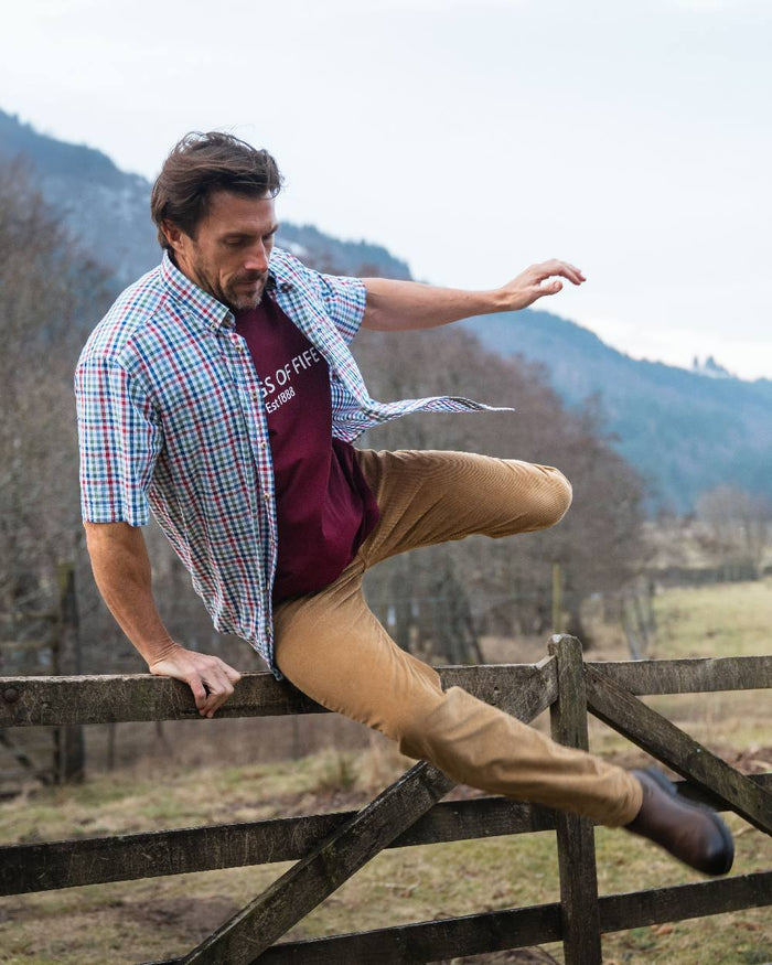 Burgundy Coloured Hoggs of Fife Mens Canonbie Printed T-Shirt on mountain background #colour_burgundy