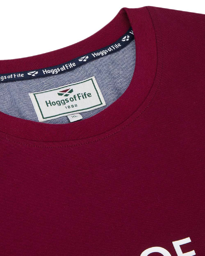 Burgundy Coloured Hoggs of Fife Mens Canonbie Printed T-Shirt on white background #colour_burgundy