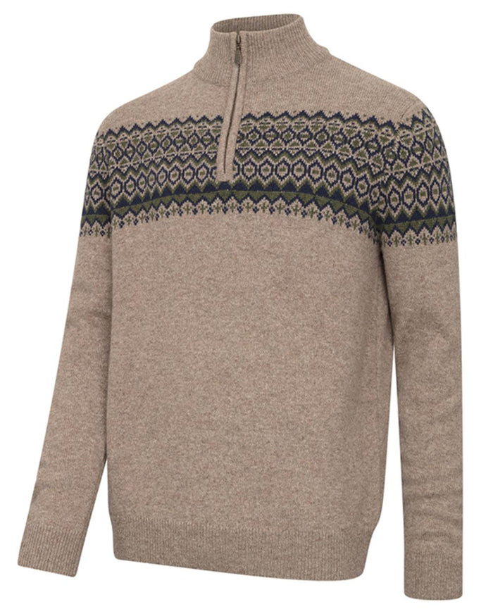 Oatmeal coloured Hoggs of Fife Mens Colonsay Fair Isle Quarter Zip Pullover on white background #colour_oatmeal