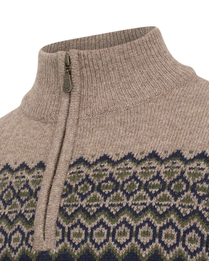 Oatmeal coloured Hoggs of Fife Mens Colonsay Fair Isle Quarter Zip Pullover on white background #colour_oatmeal
