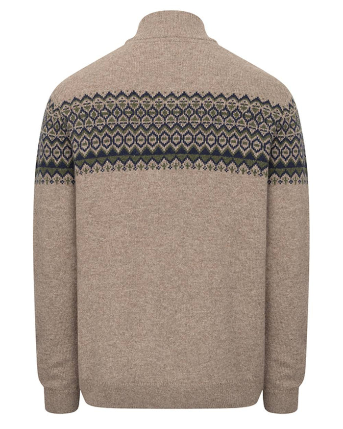 Oatmeal coloured Hoggs of Fife Mens Colonsay Fair Isle Quarter Zip Pullover on white background #colour_oatmeal