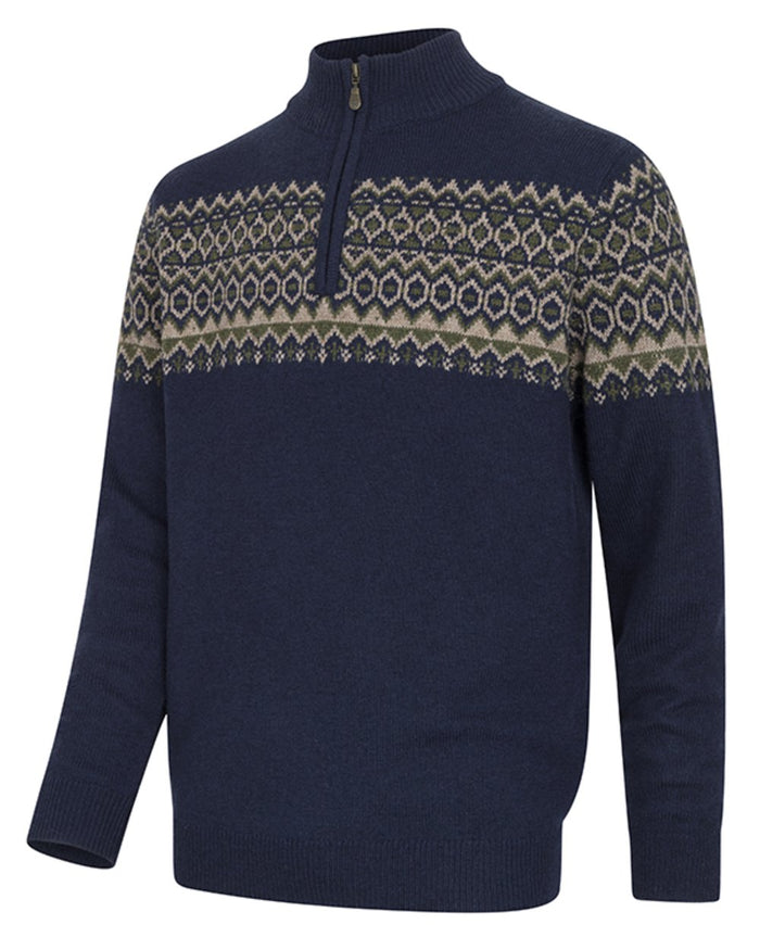 Navy coloured Hoggs of Fife Mens Colonsay Fair Isle Quarter Zip Pullover on white background #colour_navy