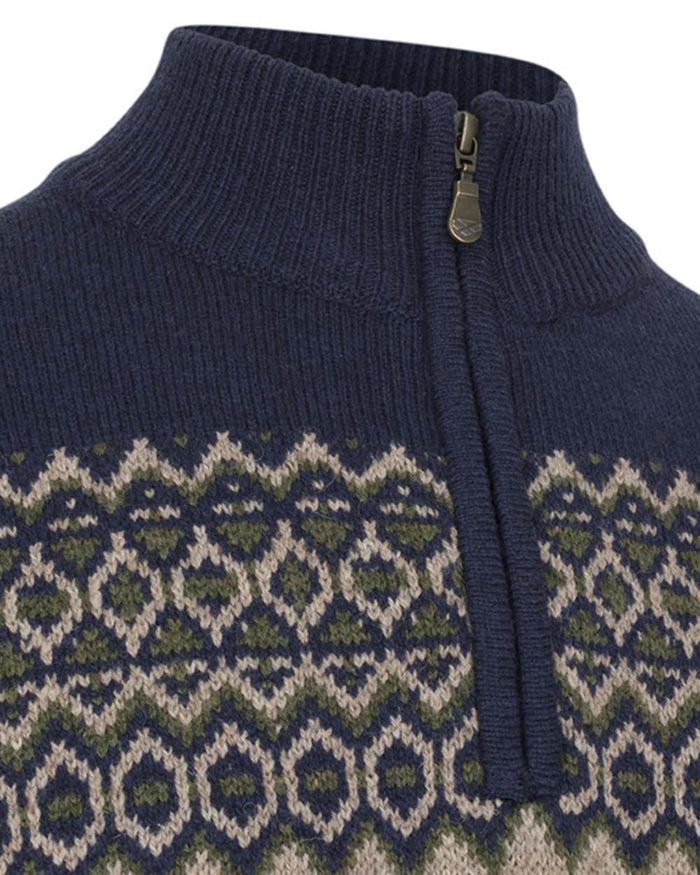 Navy coloured Hoggs of Fife Mens Colonsay Fair Isle Quarter Zip Pullover on white background #colour_navy
