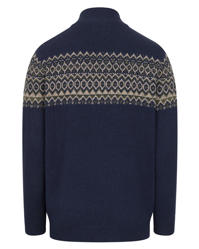 Navy coloured Hoggs of Fife Mens Colonsay Fair Isle Quarter Zip Pullover on white background #colour_navy