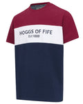 Burgundy White Navy Coloured Hoggs of Fife Mens Dalbeattie Colour Block T-Shirt on white background #colour_burgundy-white-navy