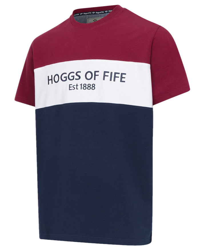 Burgundy White Navy Coloured Hoggs of Fife Mens Dalbeattie Colour Block T-Shirt on white background #colour_burgundy-white-navy