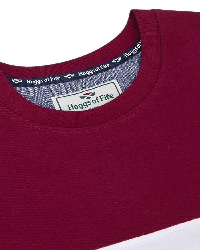 Burgundy White Navy Coloured Hoggs of Fife Mens Dalbeattie Colour Block T-Shirt on white background #colour_burgundy-white-navy