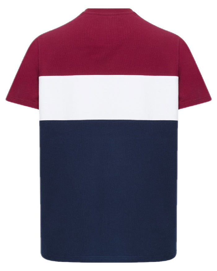 Burgundy White Navy Coloured Hoggs of Fife Mens Dalbeattie Colour Block T-Shirt on white background #colour_burgundy-white-navy