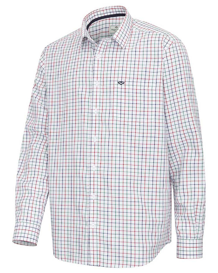 Green Red Navy Coloured Hoggs of Fife Mens Fernie Bamboo Shirt on white background #colour_green-red-navy