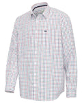 Green Red Navy Coloured Hoggs of Fife Mens Fernie Bamboo Shirt on white background #colour_green-red-navy
