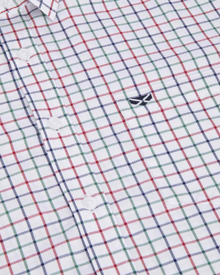 Green Red Navy Coloured Hoggs of Fife Mens Fernie Bamboo Shirt on white background #colour_green-red-navy