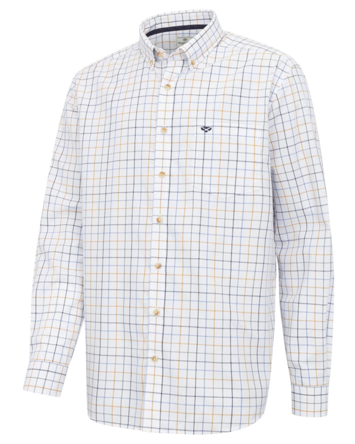 Blue Green Gold coloured Hoggs of Fife Mens Fernie Bamboo Shirt on white background #colour_blue-green-gold