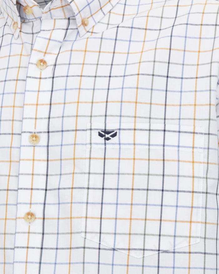 Blue Green Gold coloured Hoggs of Fife Mens Fernie Bamboo Shirt on white background #colour_blue-green-gold