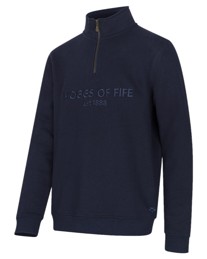Navy Coloured Hoggs of Fife Mens Galloway 1888 Plain Quarter Zip Sweatshirt on white background #colour_navy