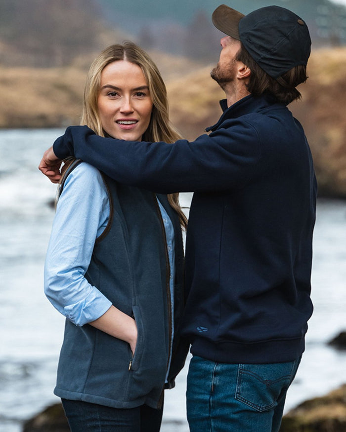 Navy Coloured Hoggs of Fife Mens Galloway 1888 Plain Quarter Zip Sweatshirt on mountain background #colour_navy