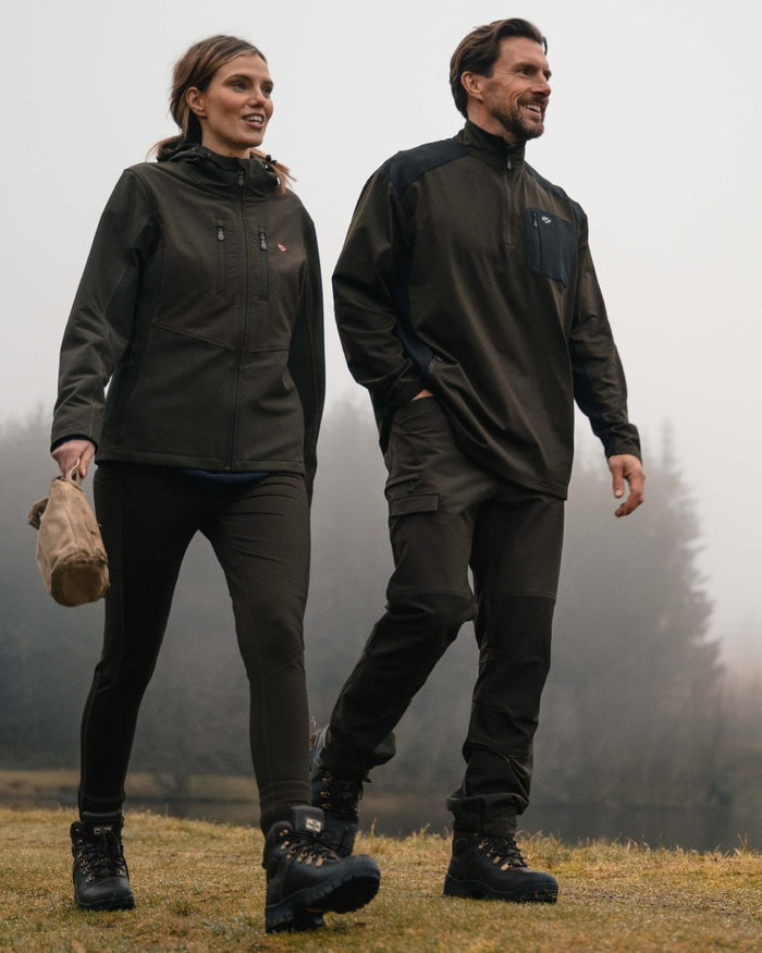 Green Black coloured Hoggs of Fife Mens Green King Active Utility Trousers on outdoor background #colour_green-black