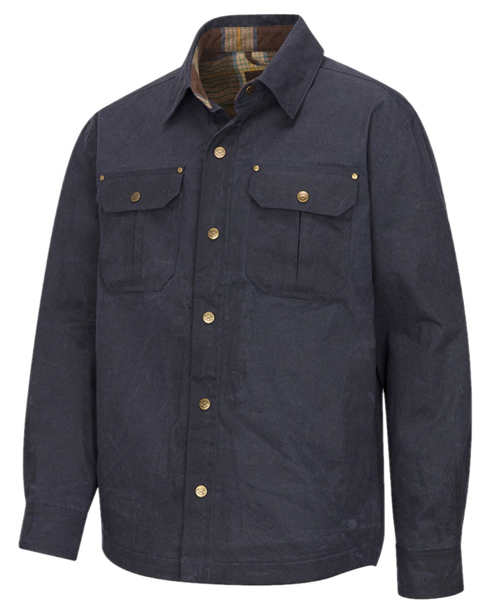 Midnight Navy Coloured Hoggs of Fife Mens Huntly Waxed Canvas Utility Overshirt on white background #colour_midnight-navy