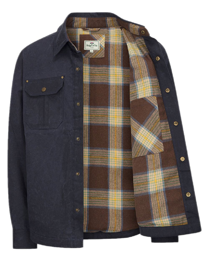 Midnight Navy Coloured Hoggs of Fife Mens Huntly Waxed Canvas Utility Overshirt on white background #colour_midnight-navy